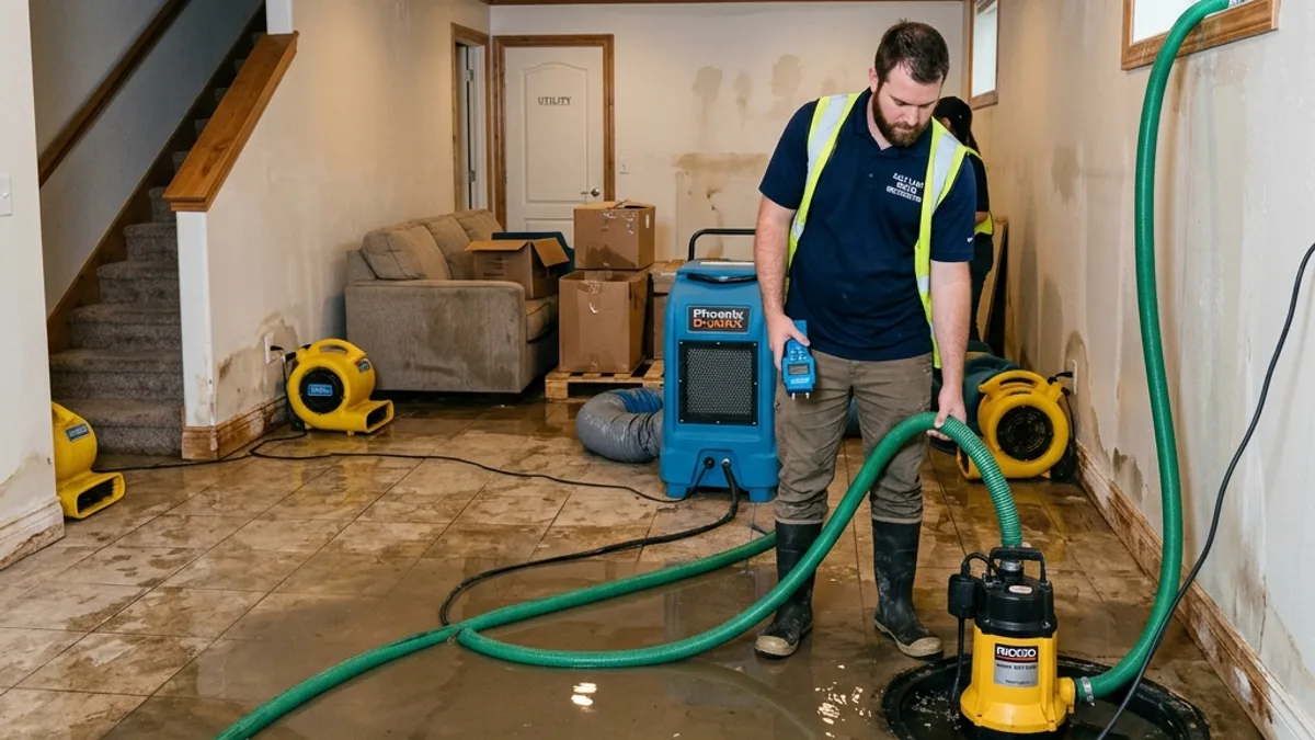 A partially flooded finished basement with standing water and a sump pump