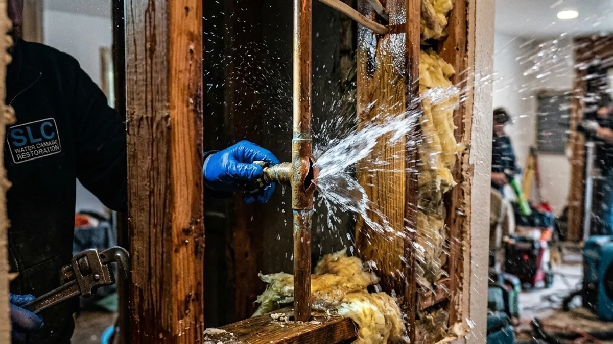 A burst copper pipe spraying water inside a wall cavity