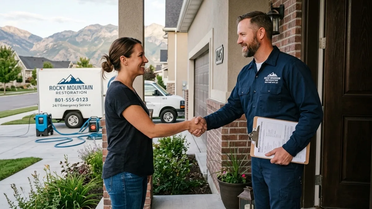A homeowner shaking hands with a uniformed restoration professional at the front door