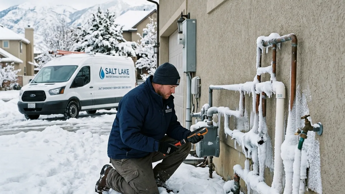 Frost-covered exterior pipes on a snowy Utah home in winter