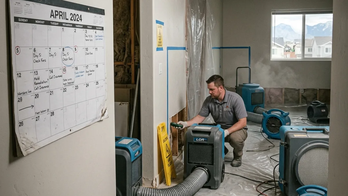 A calendar and drying equipment in a home under restoration