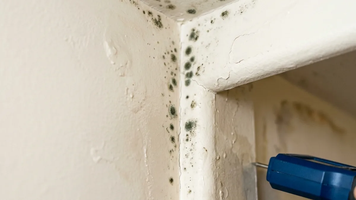 Close-up of mold beginning to grow on a damp drywall corner