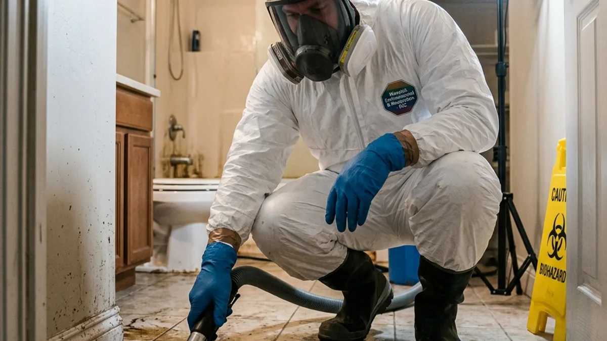 Technician in full PPE cleaning a sewage-backed-up bathroom floor