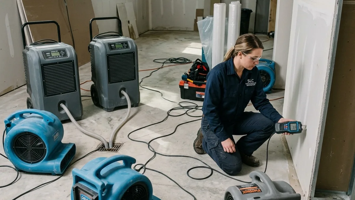 Industrial air movers and dehumidifiers running in a room being dried out