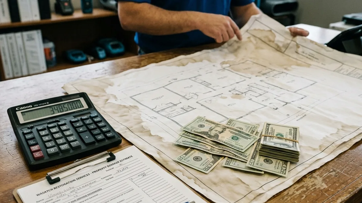 Calculator and dollar bills over a flooded home blueprint representing water damage restoration cost