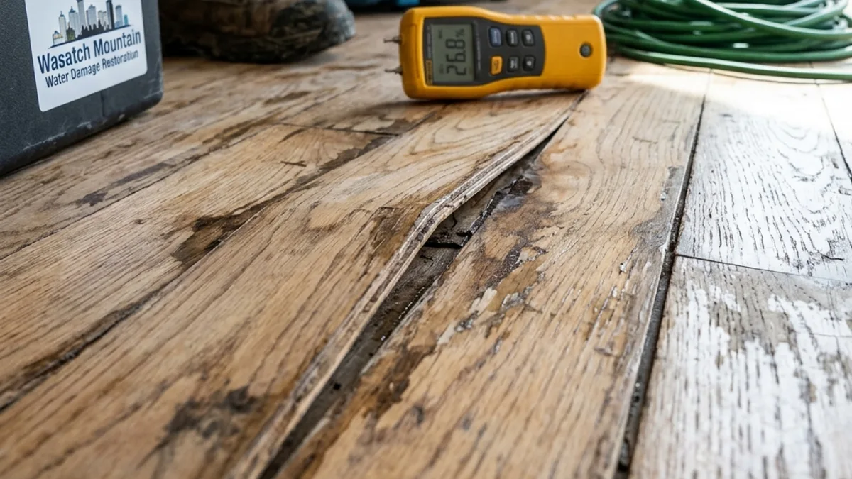 Buckled and cupped water-damaged hardwood floor close-up